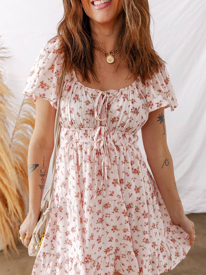 Pink Front Tie Shirred Waist Short Sleeve Ruffled Floral Mini Dress for wholesale by Lovesoft