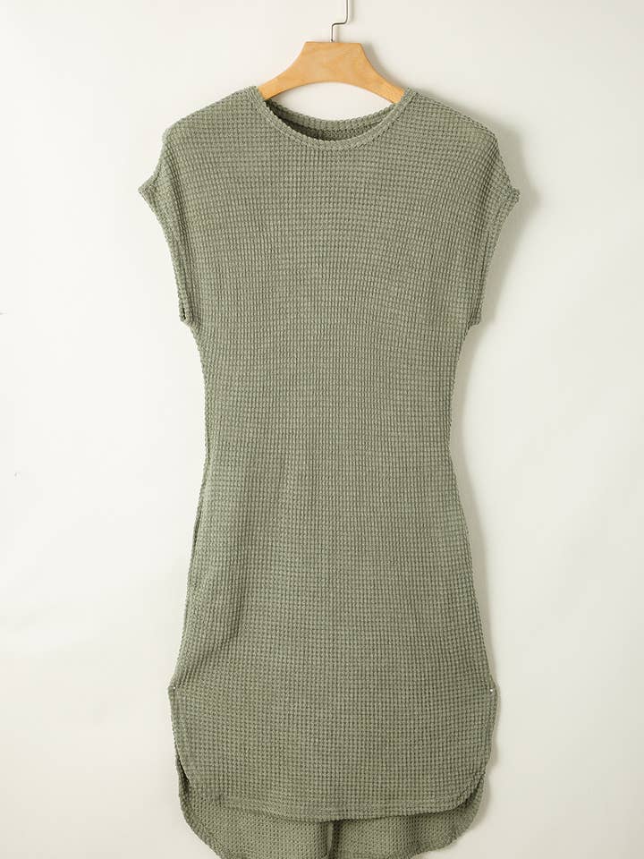 Green Waffle Texture Curved Hem Side Slit T-shirt Dress for wholesale on Faire