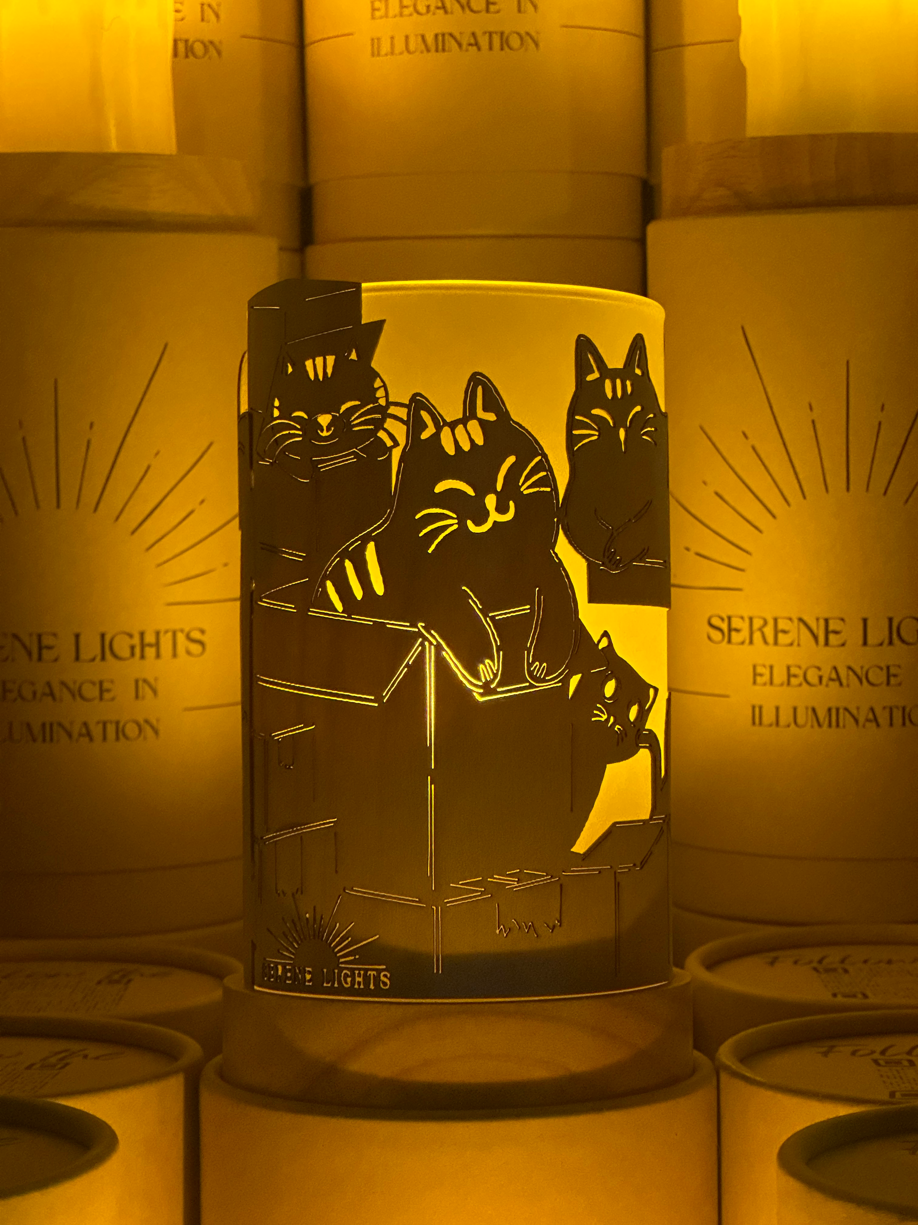 Serene Lights - Wholesale Flameless Candle - Cats & Boxes, Decorative Candle Holder – Laser Etched, Handmade Wood Veneer, Rechargeable LED Candle1