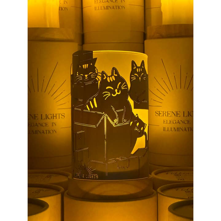 Serene Lights - Wholesale Flameless Candle - Cats & Boxes, Decorative Candle Holder – Laser Etched, Handmade Wood Veneer, Rechargeable LED Candle
1