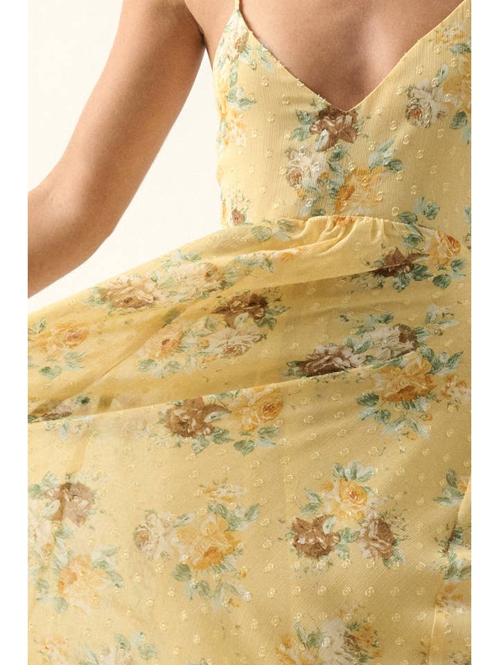 SUNSHINE Floral Swiss Dot Chiffon Handkerchief Maxi Dress for wholesale on Faire