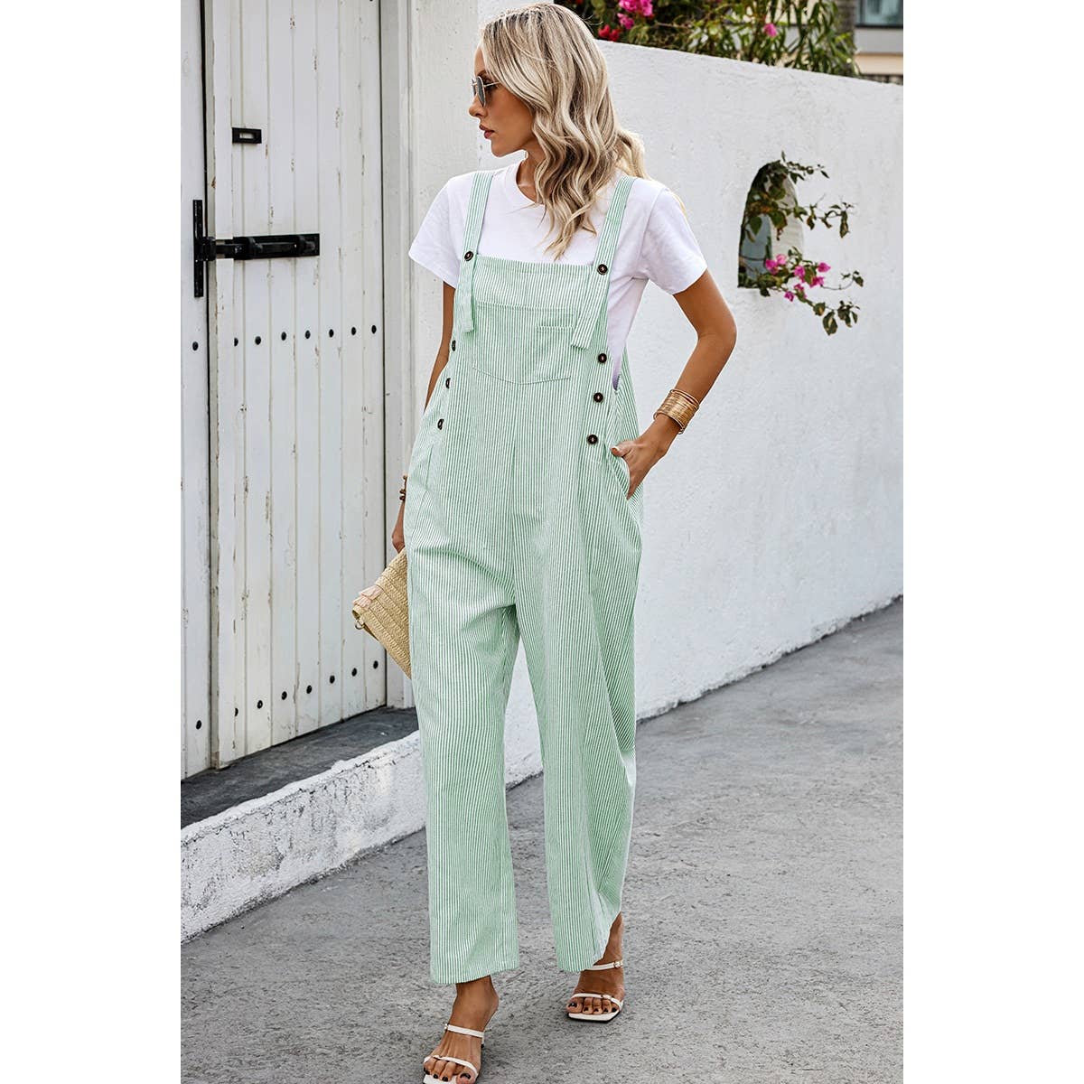 GREEN Solid Square Neck Button Trim Pockets Jumpsuit for wholesale on Faire3