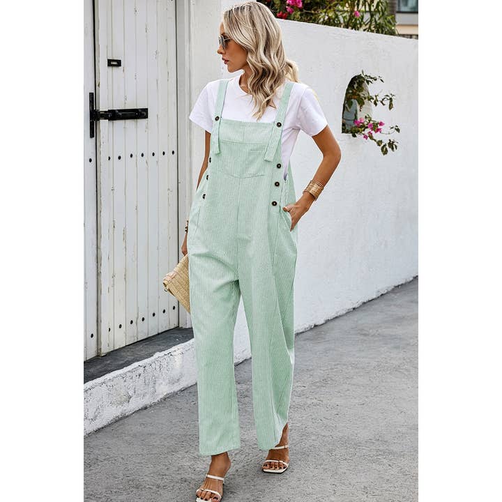 GREEN Solid Square Neck Button Trim Pockets Jumpsuit for wholesale on Faire3