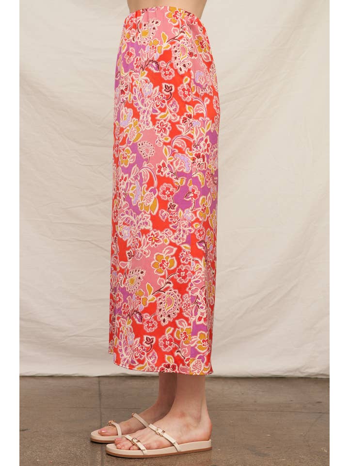 Pink Multi Floral Print Satin Midi Skirt for wholesale on Faire
