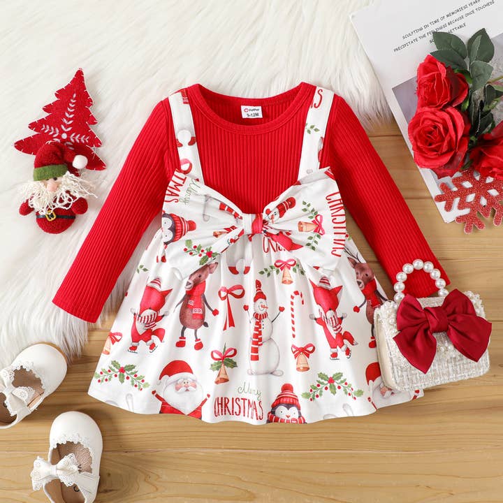 PatPat - Wholesale Dress - Baby - Baby Girl Sweet 3D Design Bow Decoration Christmas Dress