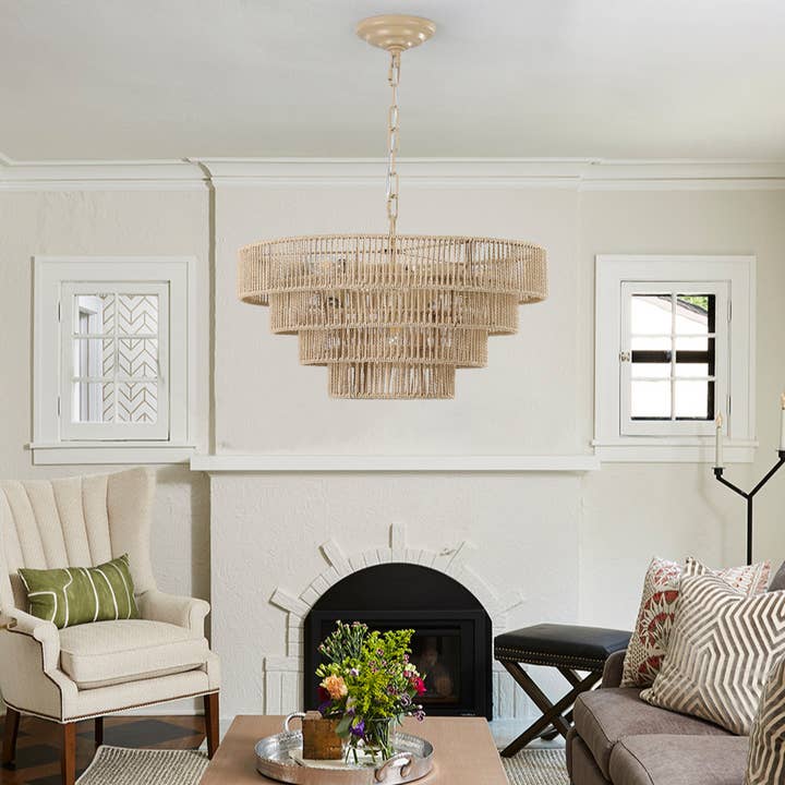 Wood Bohemian Woven 4-Tier Rattan Pendant Light Chandelier for wholesale on Faire
