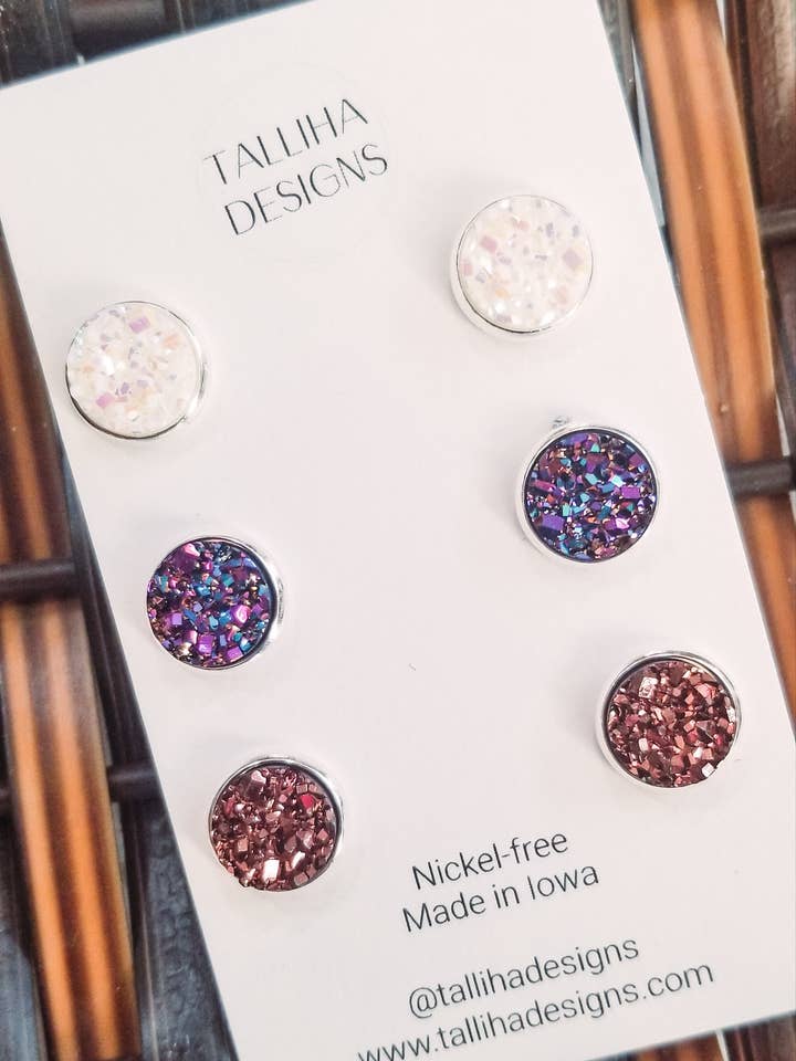 Heavenly Faux Druzy Stud Packs - 3 Sizes Available for wholesale by Talliha Designs