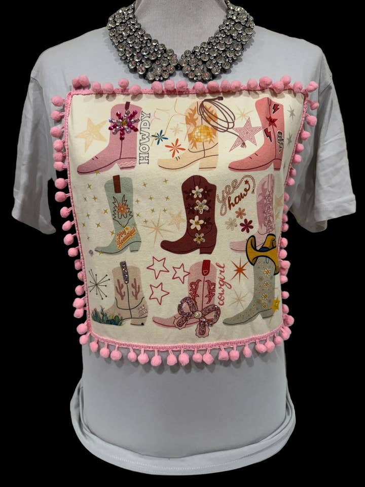 Extra Blingy Pom Pom Muli Cowgirl Boots Patch on Silver Crew for wholesale by Bling-A-GoGo, LLC