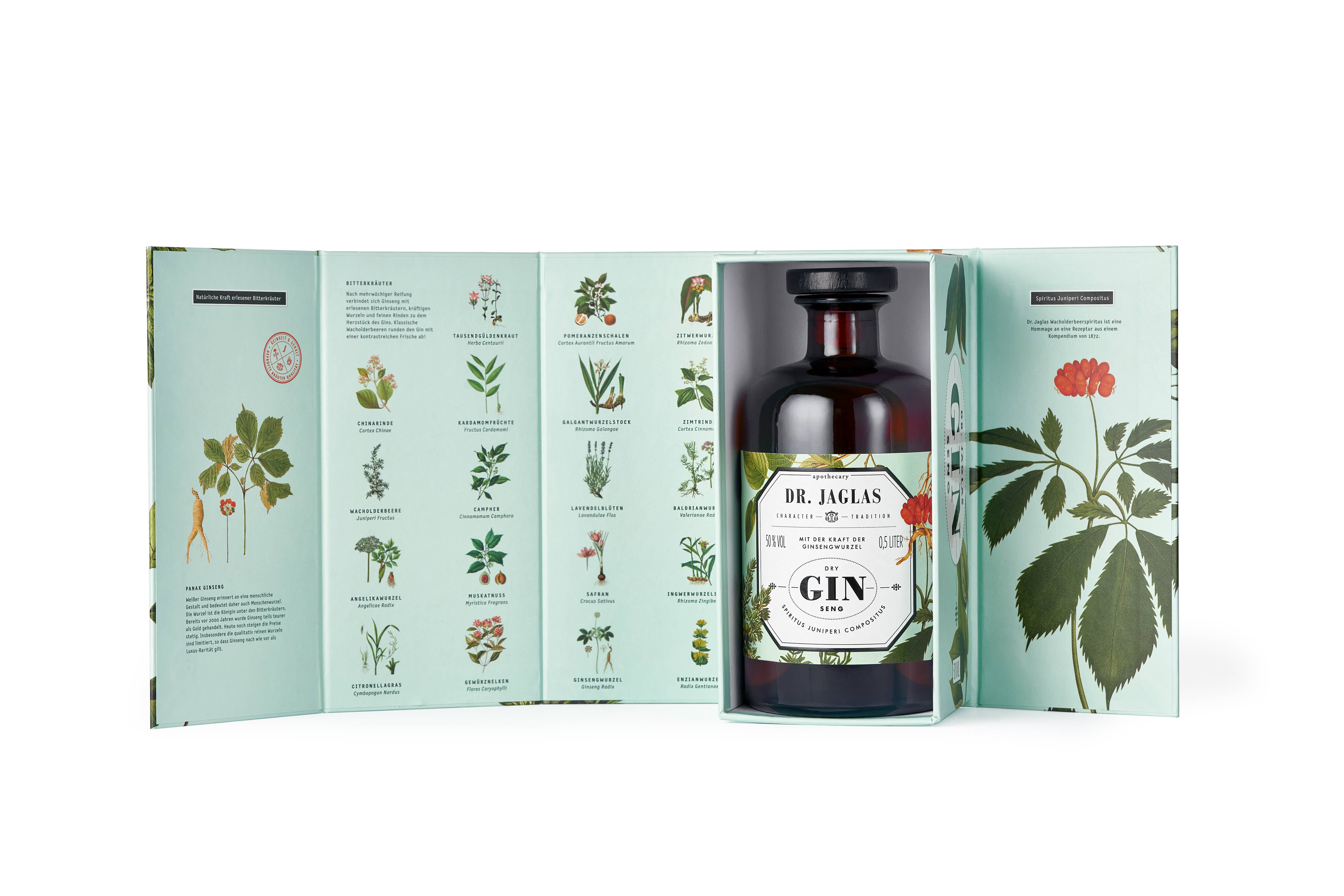 Dr. Jaglas - Vente Gin - GIN sec Ginseng Dr. Jaglas, sans sucre, végan, coffret cadeau design1