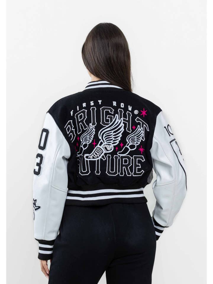 BLACK BRIGHT FUTURE CROPPED VARSITY JACKET for wholesale on Faire3