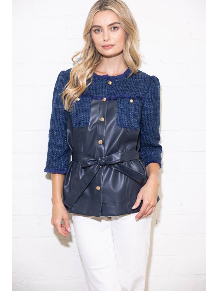 Navy 35949 Belted Solid Tweed and Faux Leather Jacket for wholesale on Faire