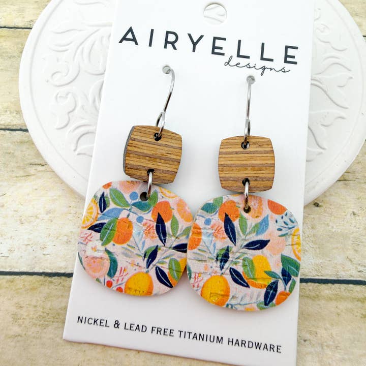 Citrus Grove Square Cork + Leather Earrings - Titanium for Sensitive Ears for wholesale by Airyelle Designs