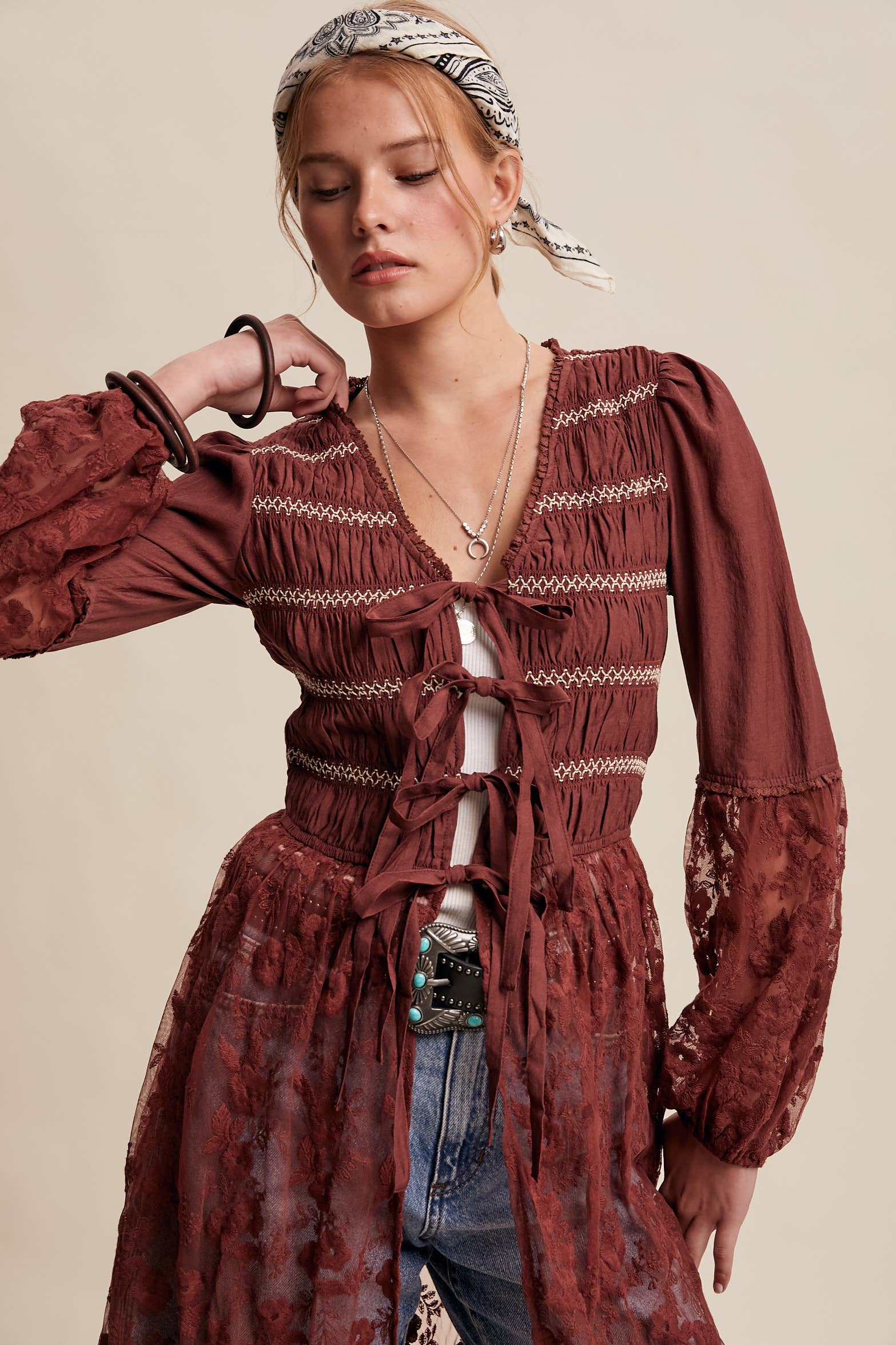 Listicle - Wholesale Kimono - Women's - Lace-Up Embroidered Maxi Kimono LJ026111