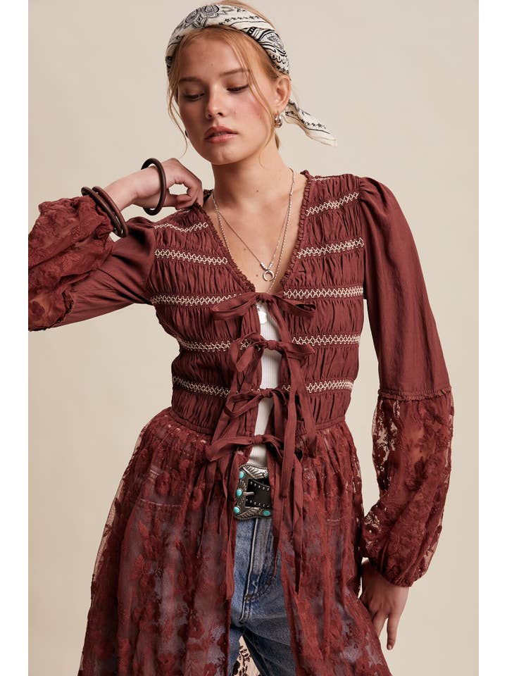 Listicle - Wholesale Kimono - Women's - Lace-Up Embroidered Maxi Kimono LJ026111