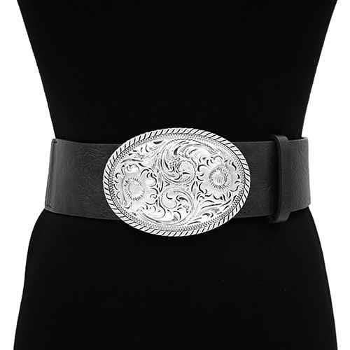 Oblige by G - Wholesale Belt – Women's - Western Floral Engraved Oval Buckle Belt KM-16441