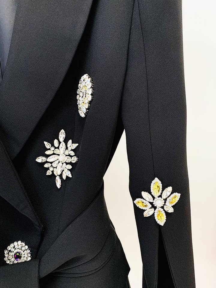 White BL077 Diamond Belted Blazer with Beaded Elegance for wholesale on Faire