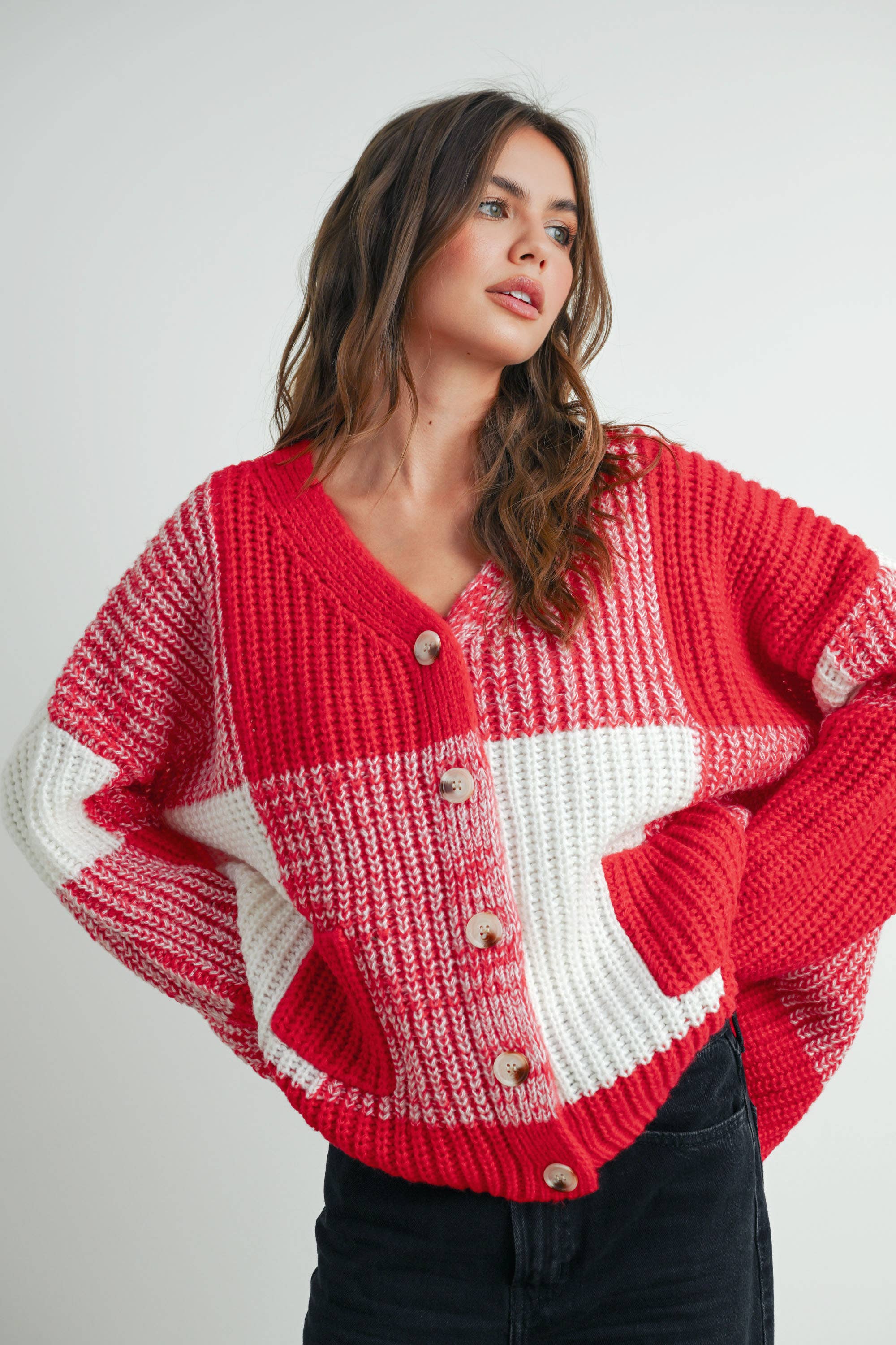 BUTTERMELON - Vendita all'ingrosso Cardigan - Donna - Cardigan oversize a quadretti con spalla scesa - BMC76075