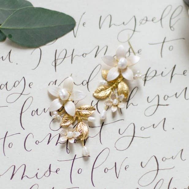 Miss Foxine Couture - Wholesale Dangle Earrings - Evanthe Floral Bridal Earrings with Freshwater Pearls and Enamel4