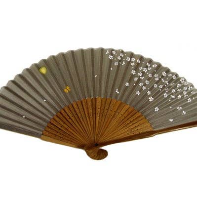 Gray Silk Fan w/ White Petals & Gold Butterfly. #HF-163 for wholesale by World Treasure Trading