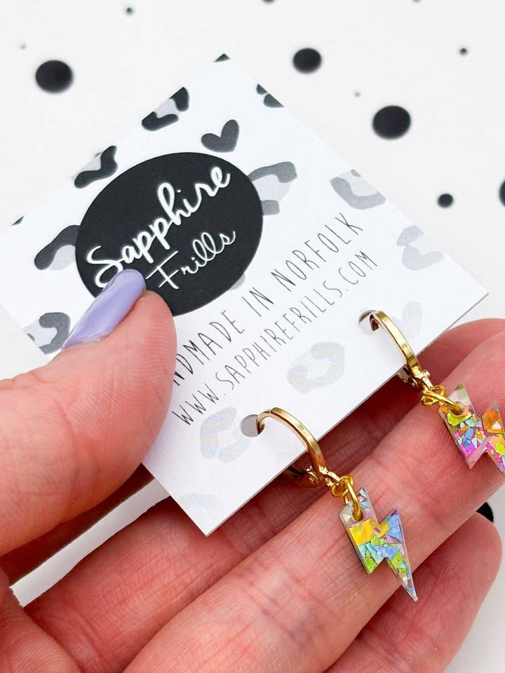 Mini Rainbow Confetti Lightning Bolt 1cm Hoop Earrings for wholesale by Sapphire Frills Ltd