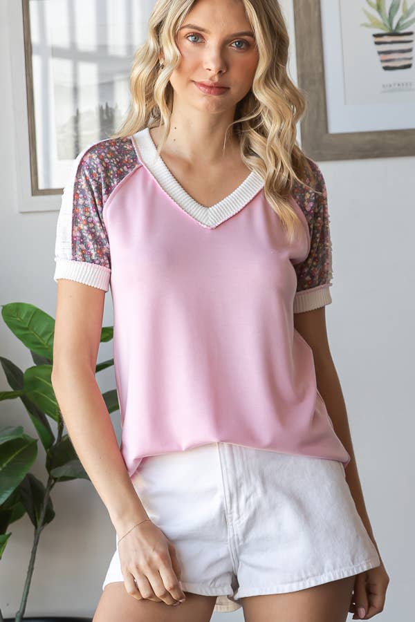 7th Ray – Großhandel Strickoberteil – Damen – Blumiges Multi-Stoff V-Ausschnitt Raglan Kurzarm-Top T593914