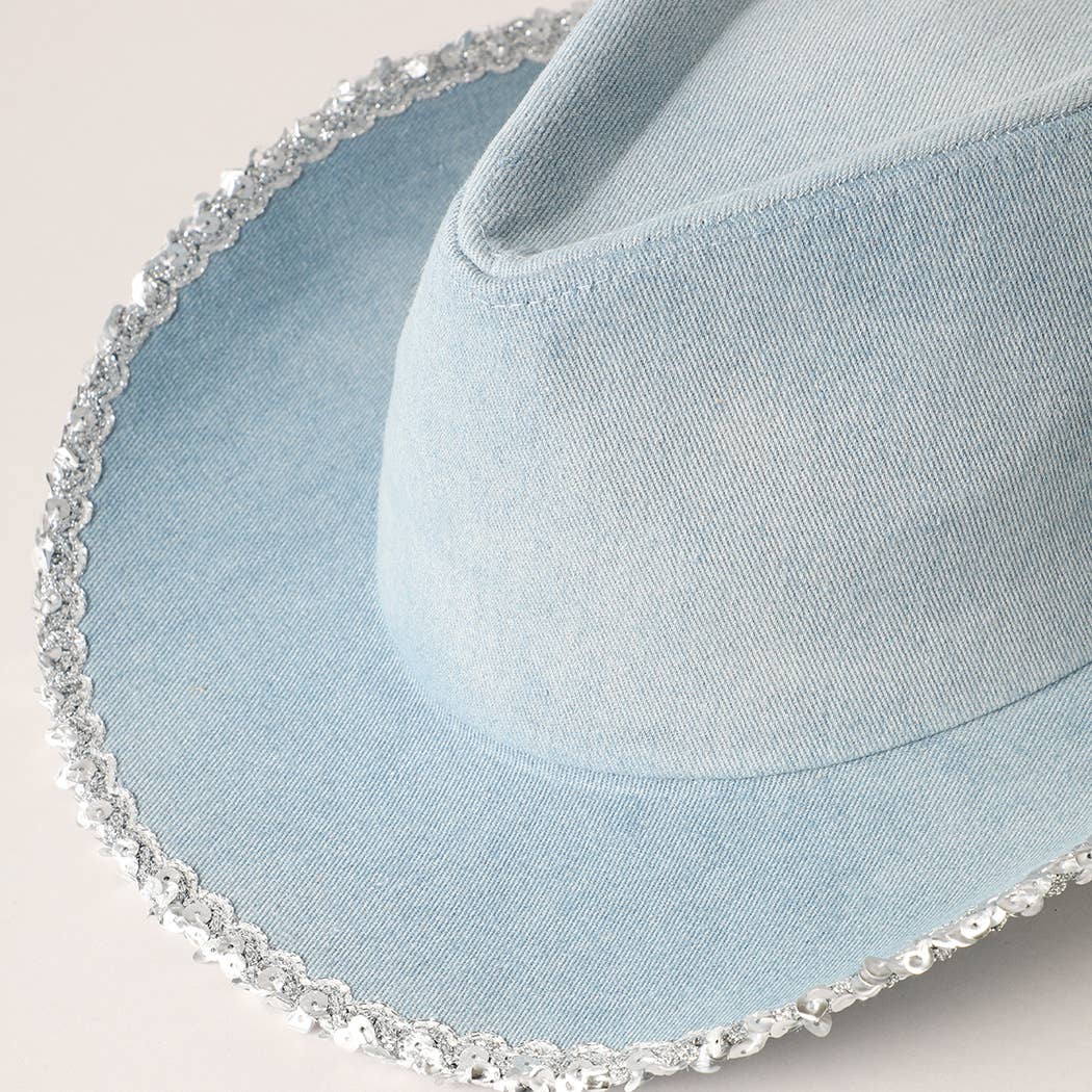 Blue Denim Cowboy Hat with Sequins in the Edge for wholesale on Faire4