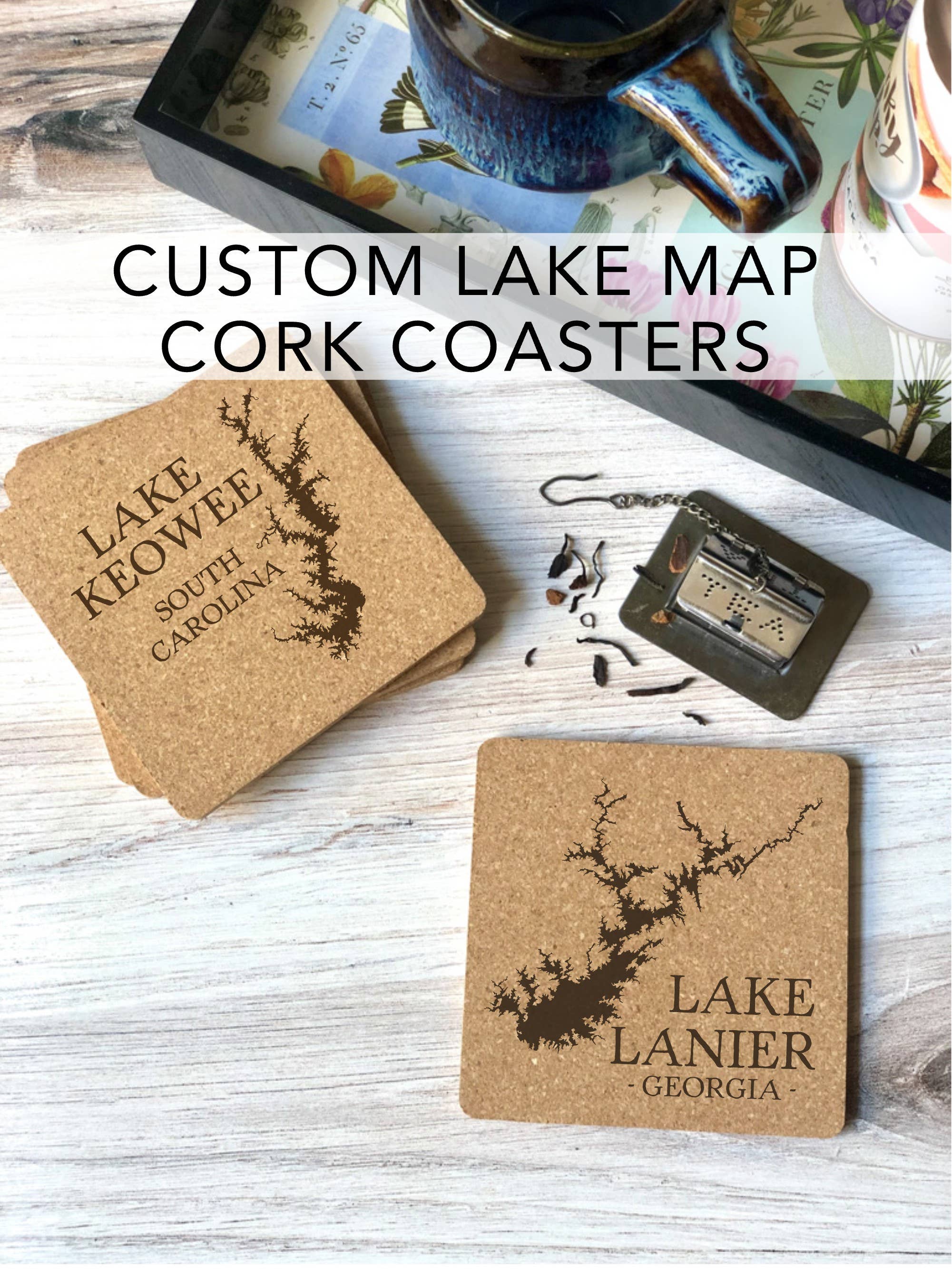 The Lillie Pad - Wholesale Coasters - Custom Lake Map Cork Coasters - Lake Decor and Gifts0