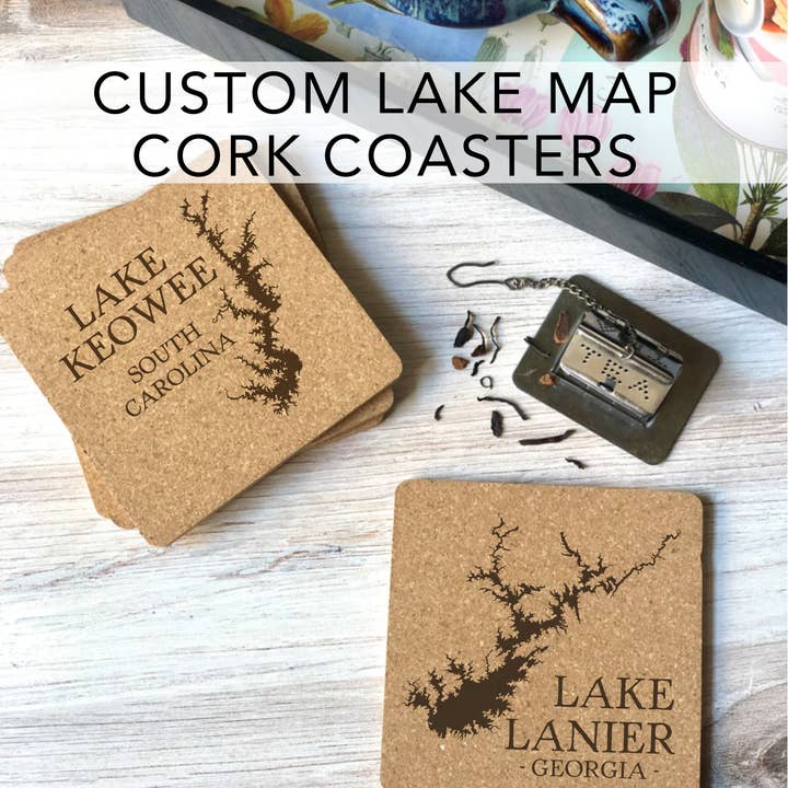 The Lillie Pad - Wholesale Coasters - Custom Lake Map Cork Coasters - Lake Decor and Gifts