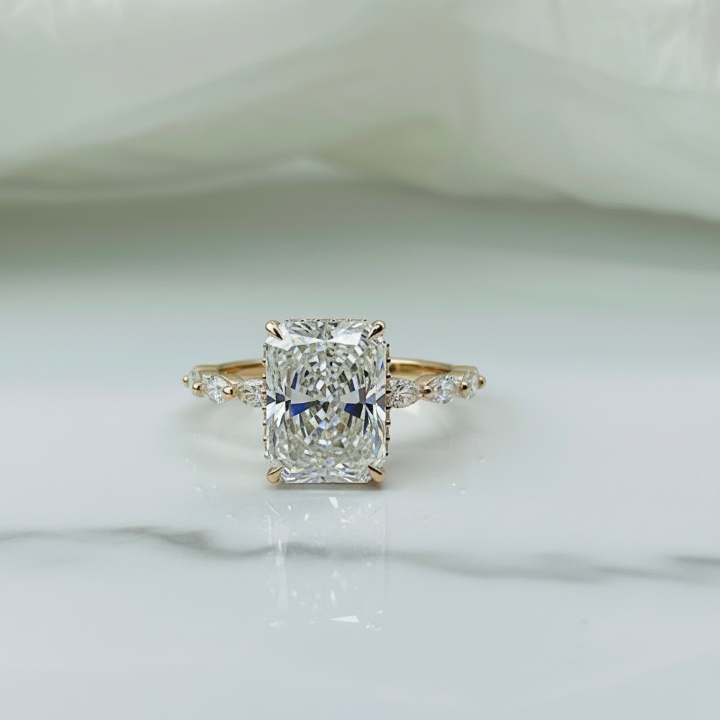 Triple C Diamonds - Vente Bagues de fiançailles - Bague de fiançailles en diamant avec bande marquise cachée halo radiant élégant en or massif 14K de 2 à 4 carats6