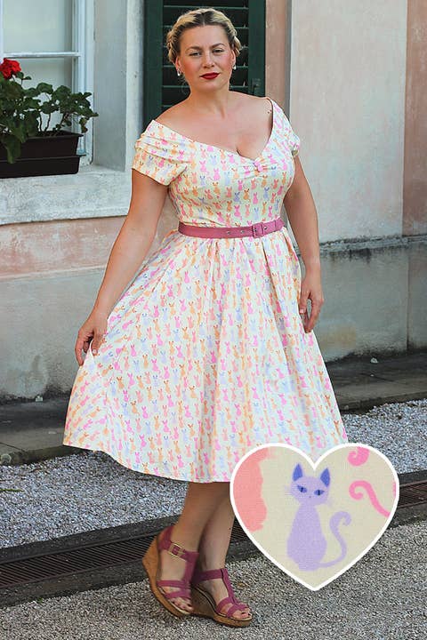 Lily Rainbow Cat White Off-Shoulder Dress for wholesale by Dolly & Dotty