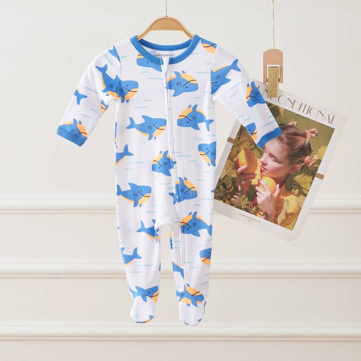 Shark & Waves Pattern Zipper Footie Pajamas Romper for wholesale by Lollipop Dreams