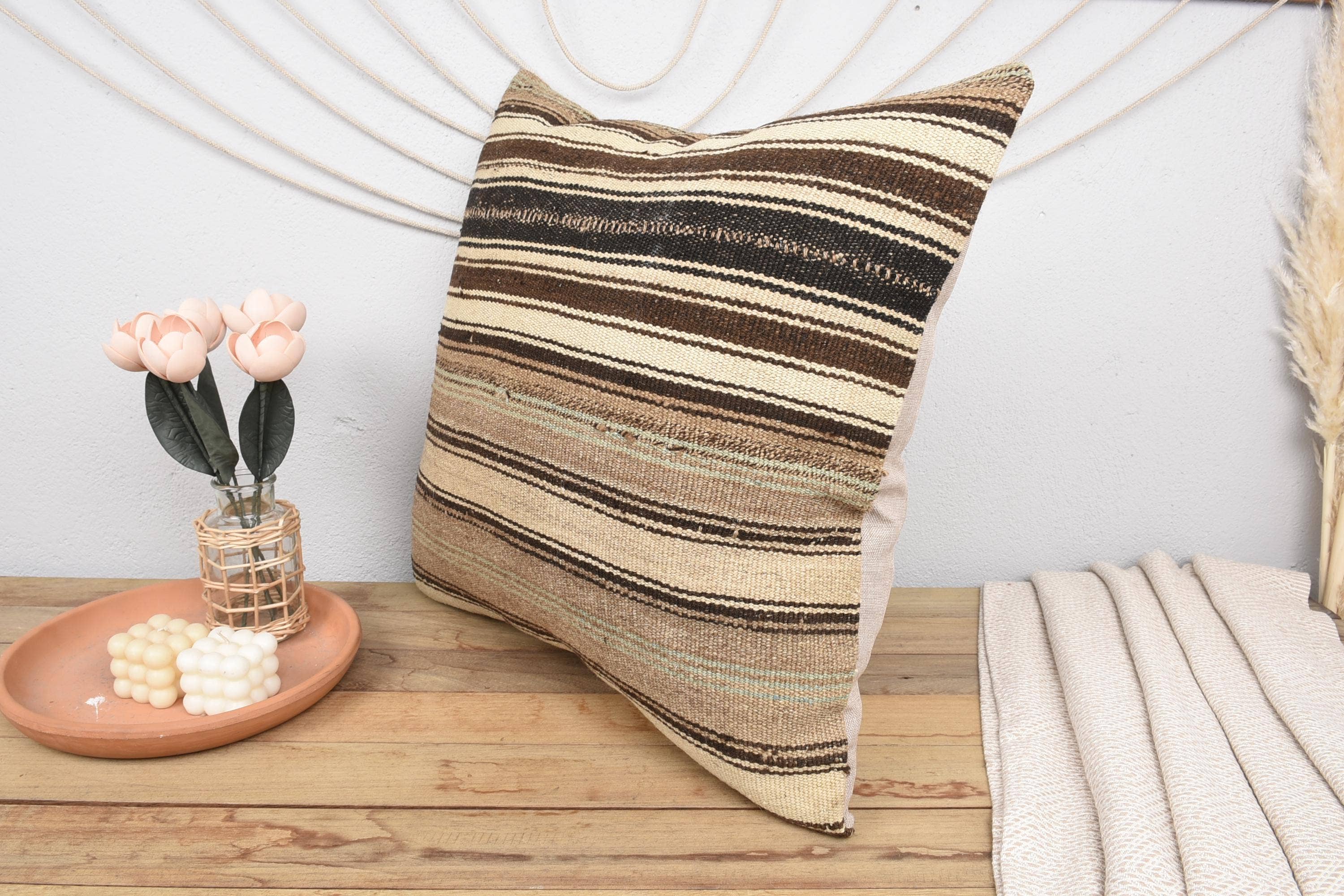 Kilim Pillow Decors - Wholesale Throw/Decorative Pillow - Handmade Kilim Cushion 24x24 Ethnic Striped Beige3