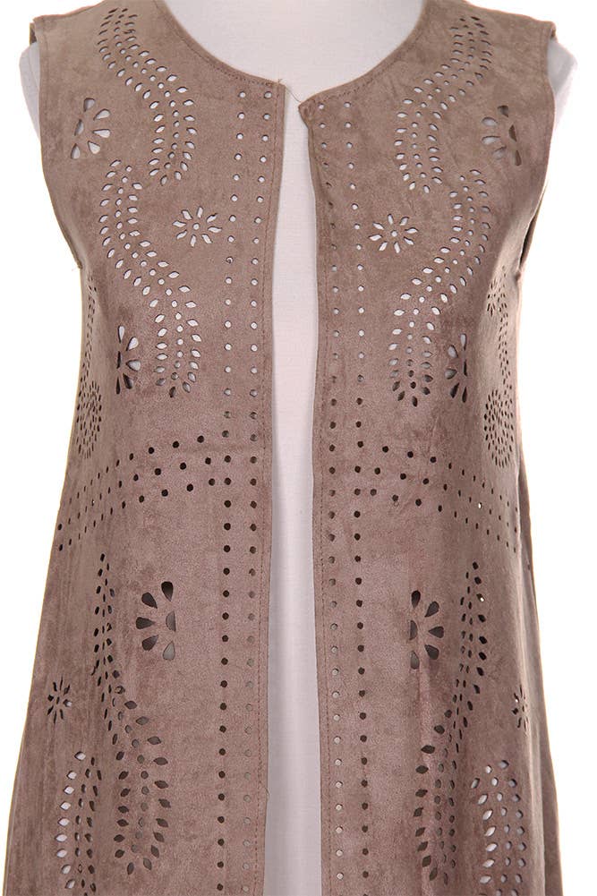 Hana - Venta al por mayor Chaleco de abrigo - Mujer - Chaleco de gamuza cortado con láser con estampado de hojas geométricas23