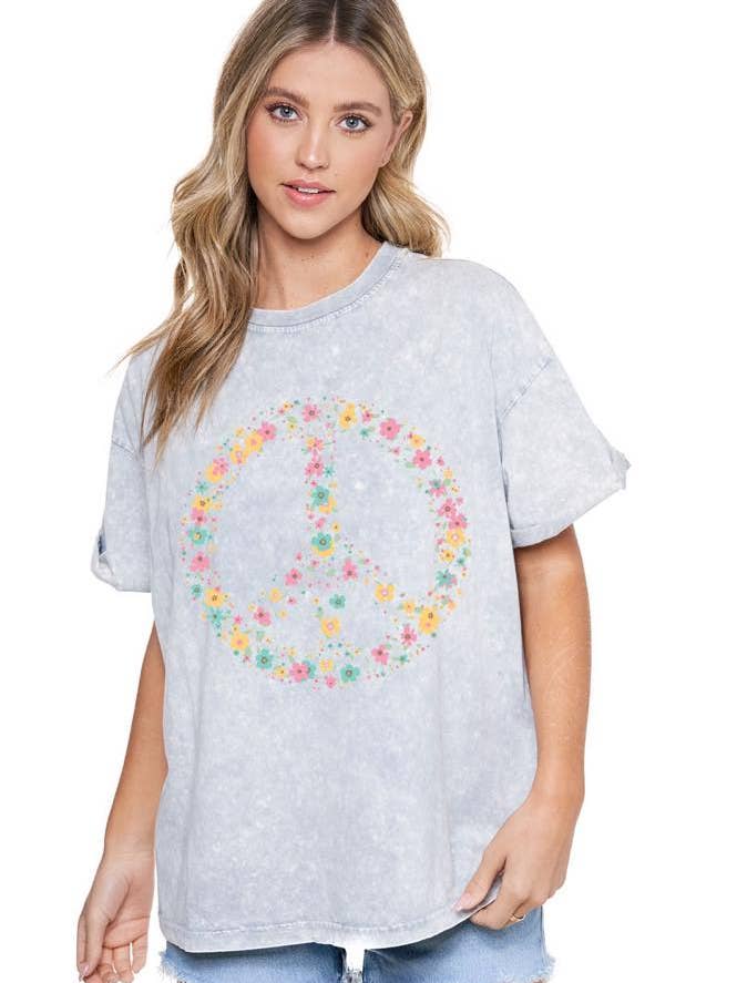 Floral Peace Boho Graphic S/S Mineral Washed Tee for wholesale by Zutter
