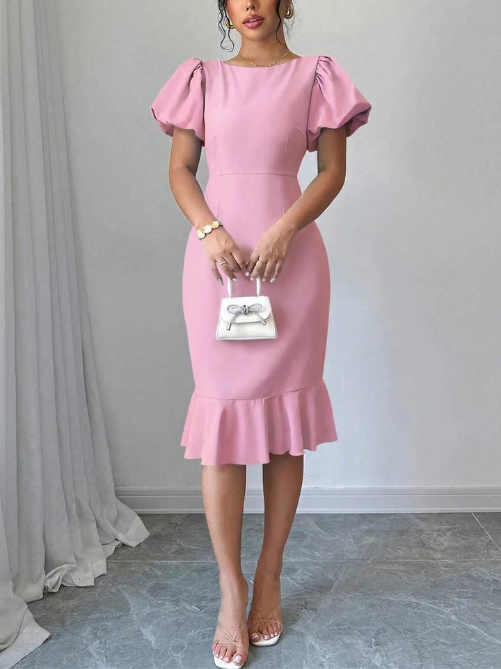 UNISHE – Engroshandel Kjole - Dame – Seksede Lanterneærmer og Flæser Fishtail Kjole GSS1309