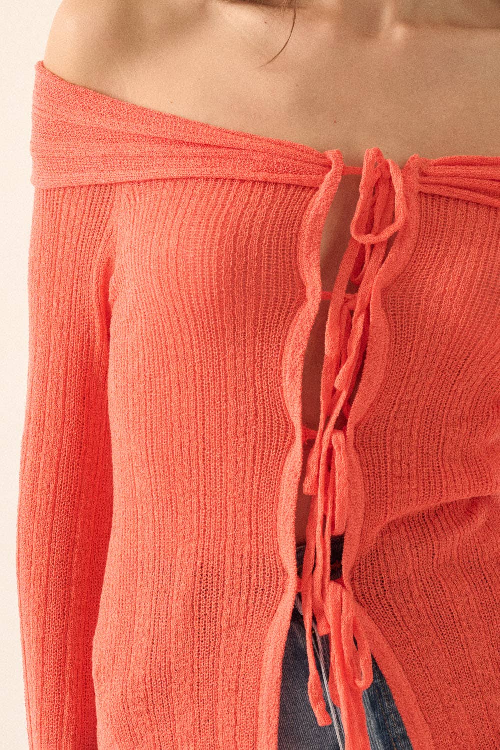 Promesa USA - Wholesale Cardigan - Women's - Ribbed Knit Off-Shoulder Tie-Front Cardigan9