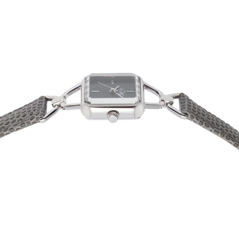 by M degrees – wholesale Armbandsur - Dam – Vintage-inspirerad fyrkantig silverklocka | Grå läderrem6