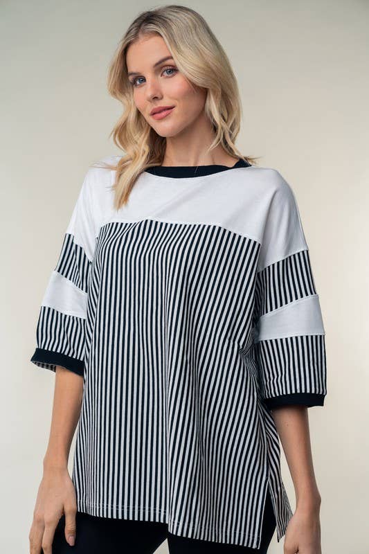 Nero Top in maglia a righe a maniche corte T25111 in vendita all'ingrosso su Faire2