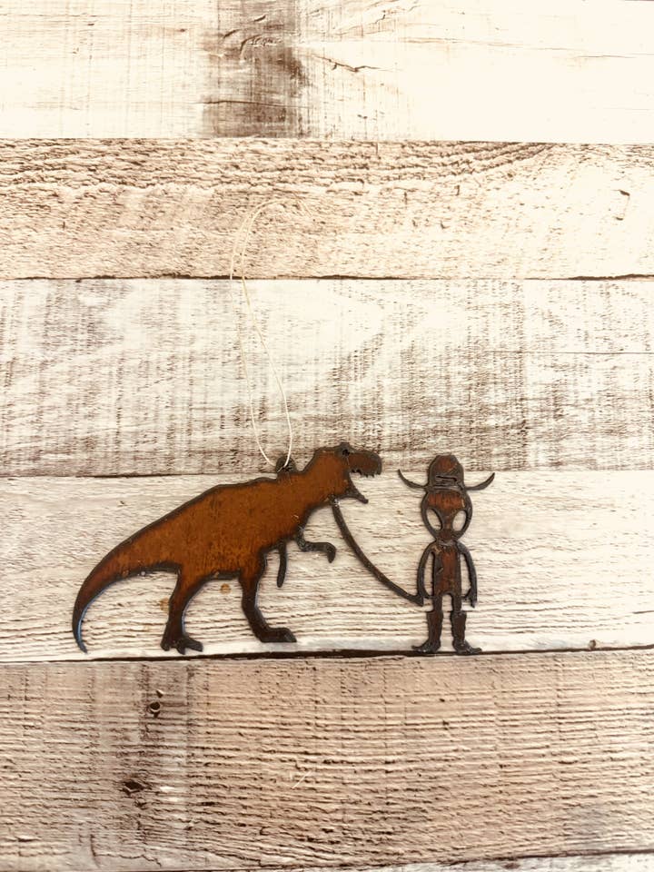 Alien Cowboy with Tyrannosaurus Dinosaur ornament Area 51 for wholesale by Universal Ironworks USA