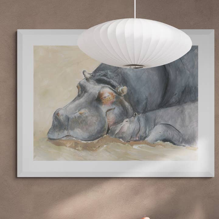 "Peinture Adorable de Maman et Bébé Hippopotame - Art Animalier Captivant" pour la vente par Wendy Laverick