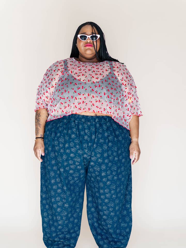 Size Inclusive Gender Neutral Dark Daisy Denim Balloon Pant for wholesale by Nettle Studios