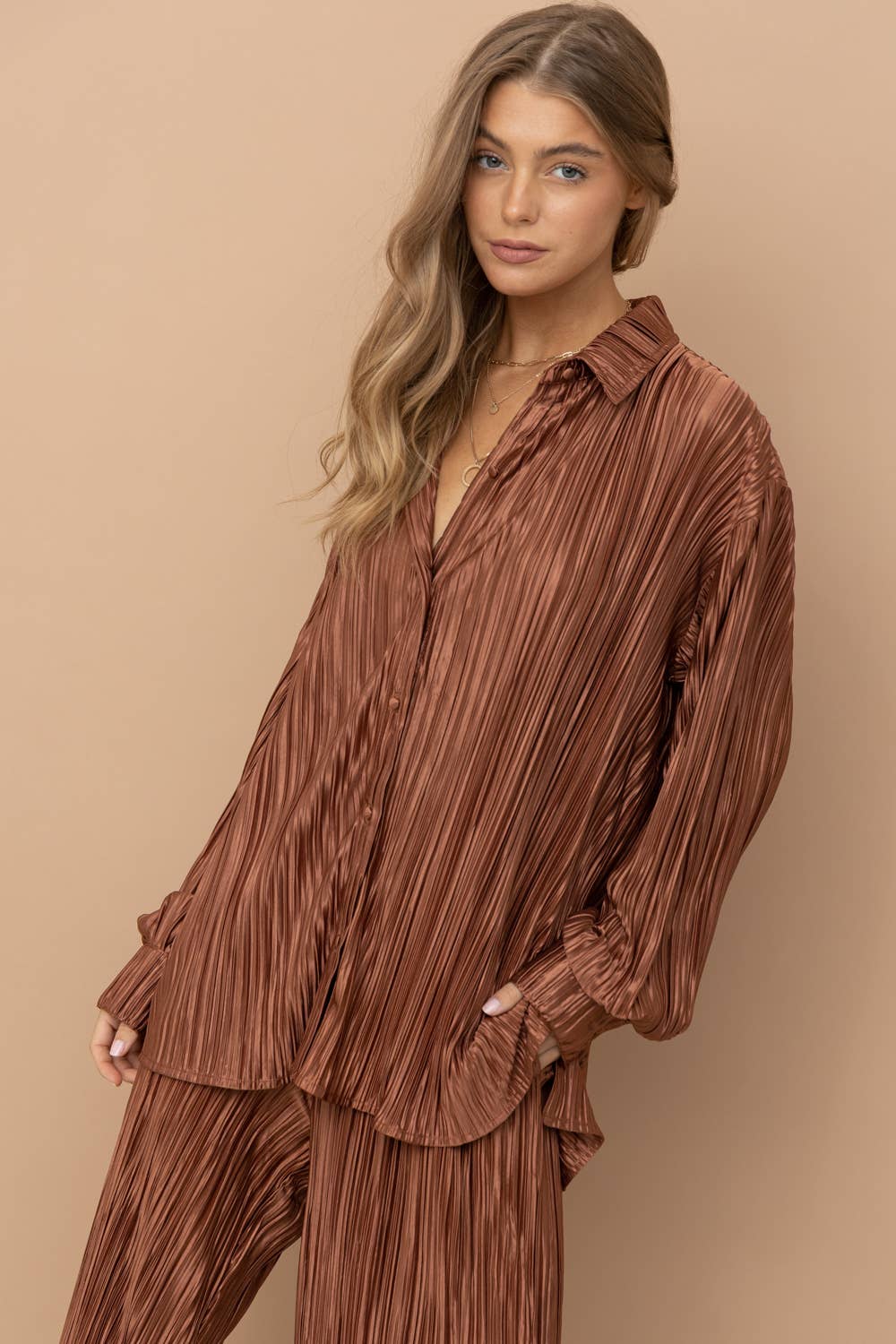 Blue B – wholesale Lounge set – Women's – 32108SET - Accordion Pleat Button Blouse Pant Lounge Set19