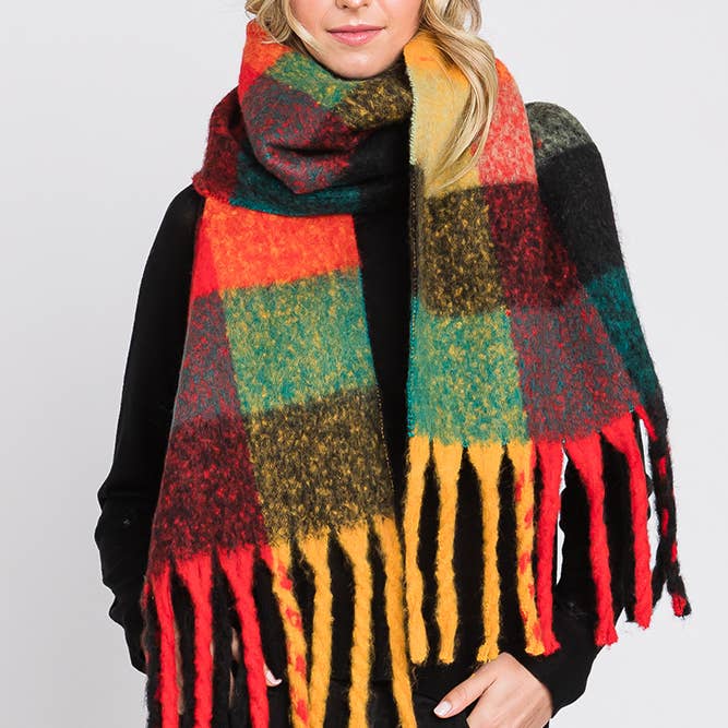 Hana - Wholesale Scarf - Women's - Brushed Multi Color Plaid Fringe Winter Scarf