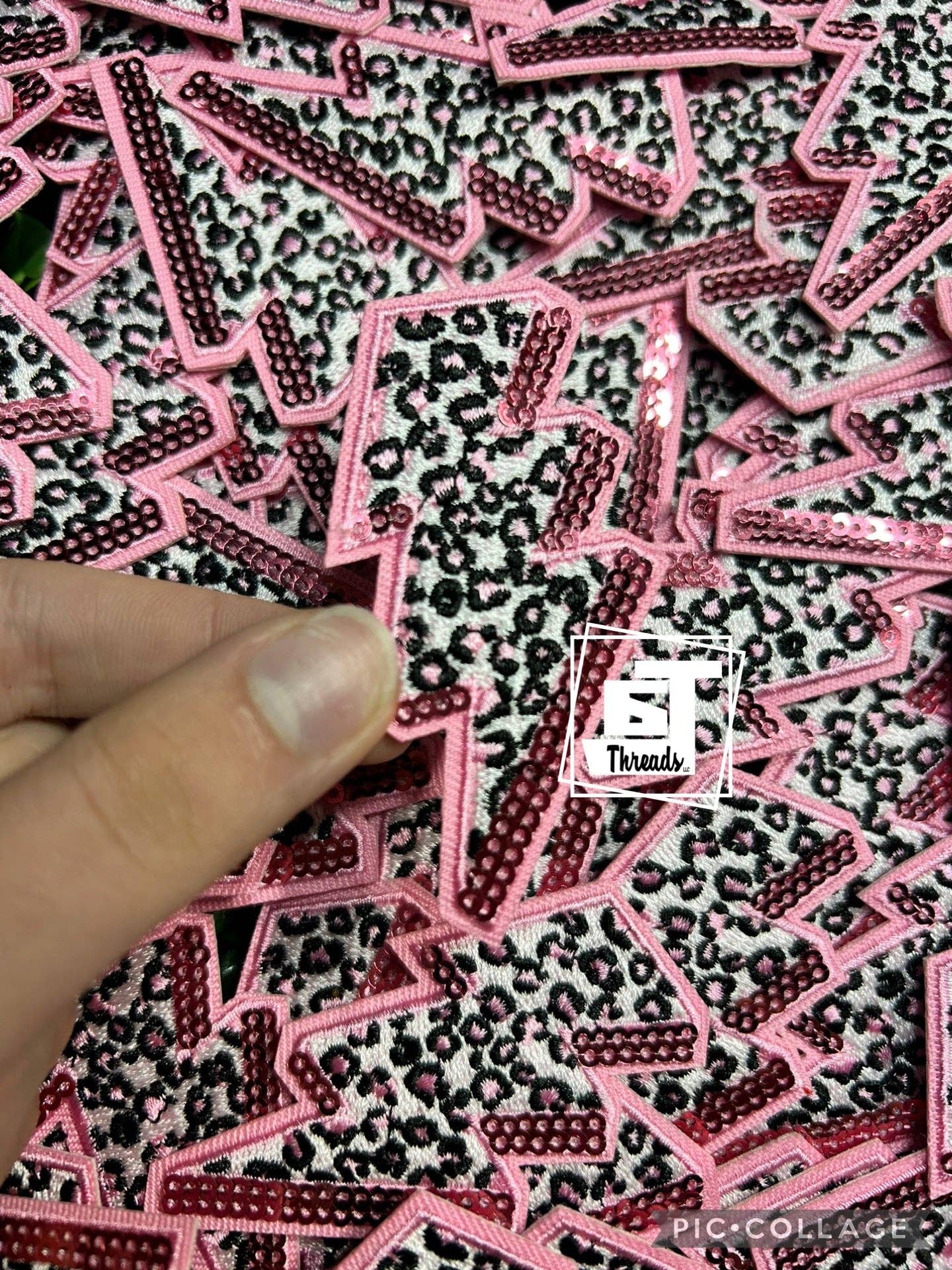 6j Threads LLC - Wholesale Patch - Pink Sequins Leopard Print Lightning Bolt....Cap Patches Only0