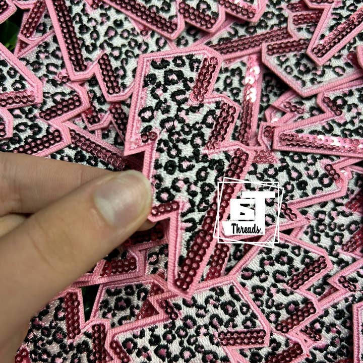 6j Threads LLC - Wholesale Patch - Pink Sequins Leopard Print Lightning Bolt....Cap Patches Only