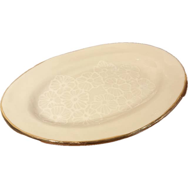 Petit Handmade French Linen Floral Ceramic Platter 22K for wholesale by Hsieh Clay SF