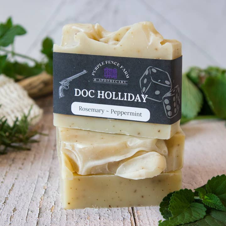 Doc Holliday Natural bar soap with Rosemary and Peppermint for wholesale by Purple Fence Farm LLC