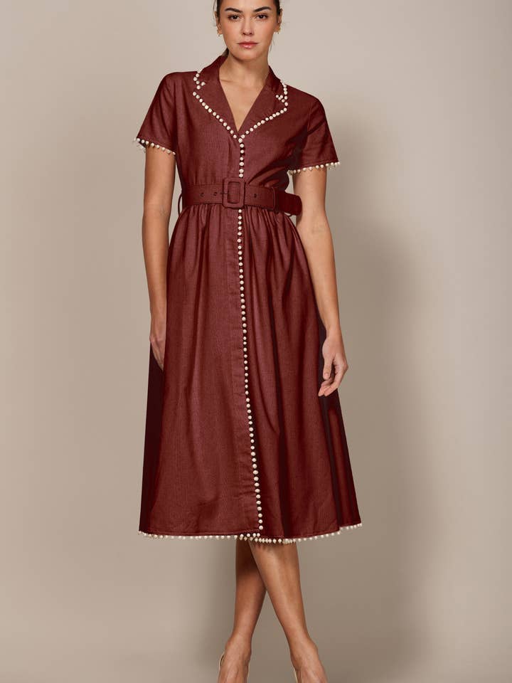 Pearl-Trimmed Belted Midi Dress for wholesale by EB LUXE
