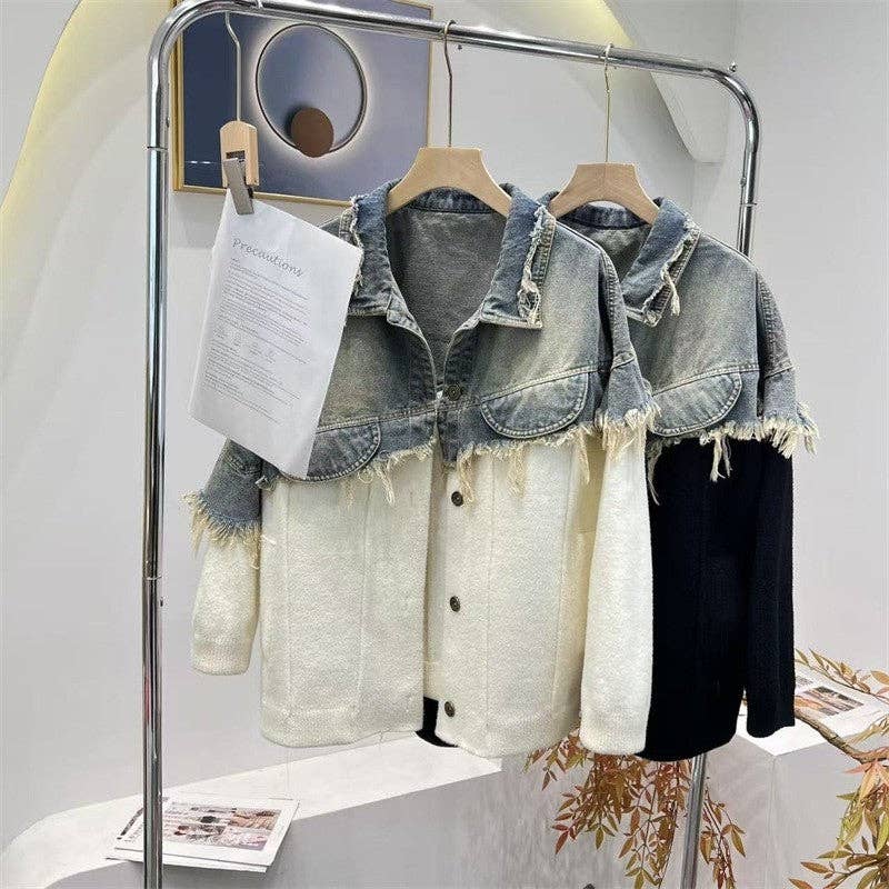 Sheer Trend - Vendita all'ingrosso Cardigan - Donna - Cappotto Cardigan Maglione Patchwork in Denim2