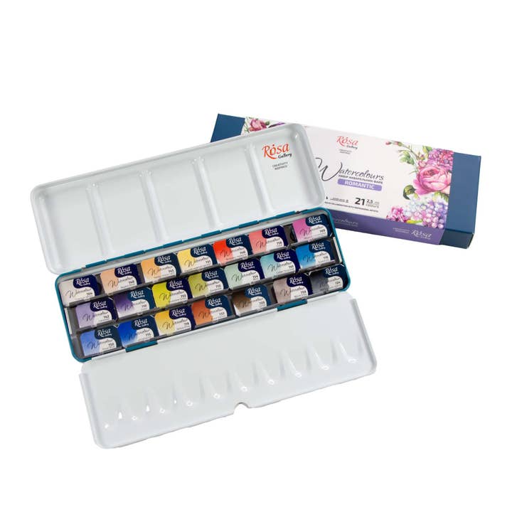 Fainotoys - Wholesale Watercolor Paint - ROSA Gallery Romantic Watercolor Set - 21 Colors, Full Pans in Turquoise Metal Case